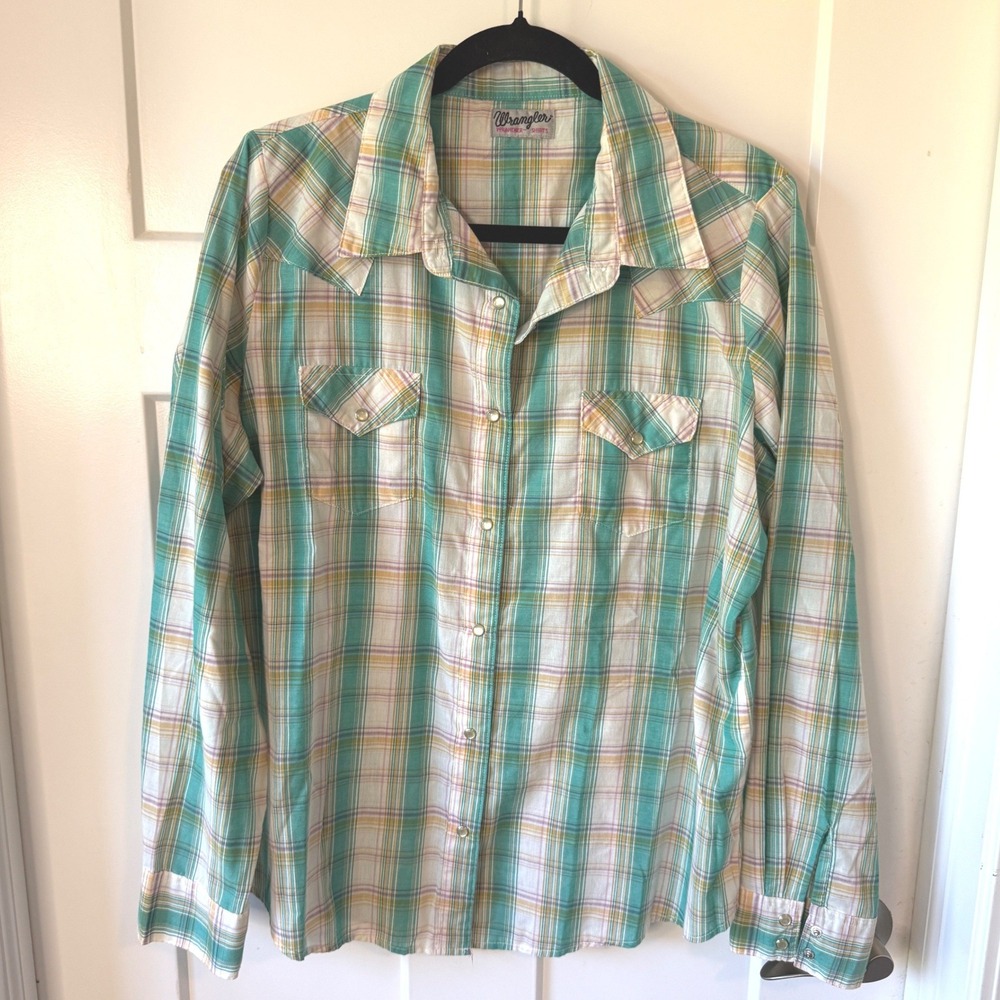 Wrangler Wrancher Plaid Western Pearl Snap Shirt Teal Orange WTLH55283 Mens L